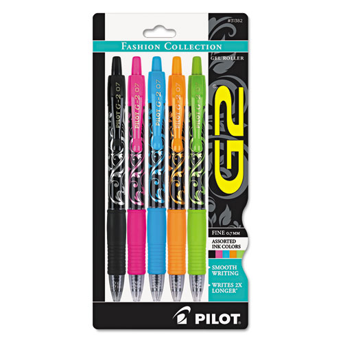 G2 Fashion Premium Gel Pen, Retractable, Fine 0.7 mm, Assorted Ink and Barrel Colors, 5/Pack