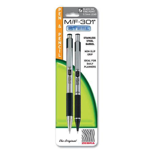 M/F 301 Stainless Steel Retractable Pen and Pencil Set, 0.7 mm Black Pen, 0.5 mm HB Pencil, Stainless Steel Barrels