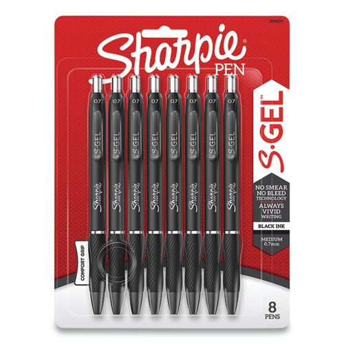 S-Gel High-Performance Gel Pen, Retractable, Medium 0.7 mm, Black Ink, Black Barrel, 8/Pack