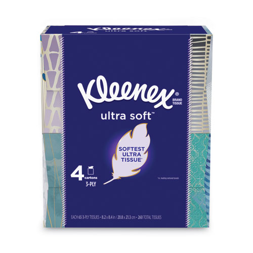 Ultra Soft Facial Tissue, 3-Ply, White, 65 Sheets/Box, 4 Boxes/Pack