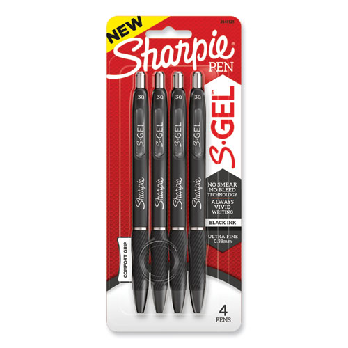 S-Gel High-Performance Gel Pen, Retractable, Extra-Fine 0.38 mm, Black Ink, Black Barrel, 4/Pack
