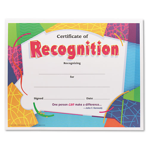 Certificate of Recognition Awards, 11 x 8.5, Horizontal Orientation, Assorted Colors with White Border, 30/Pack